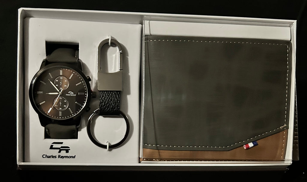 Dark Brown ~ Men Watch, Wallet Keychain Gift Box