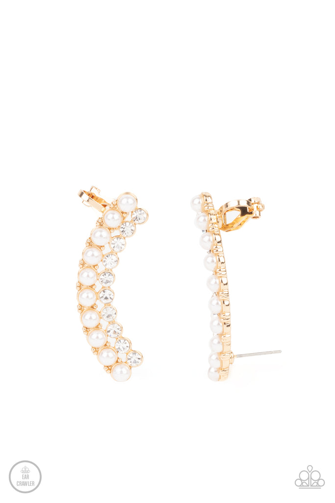 Doubled Down On Dazzle - Gold Paparazzi White Pearls Crawler Earrings