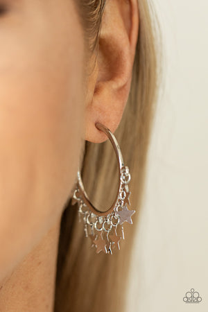 Happy Independence Day - Silver Paparazzi Star Hoop Charm Earrings