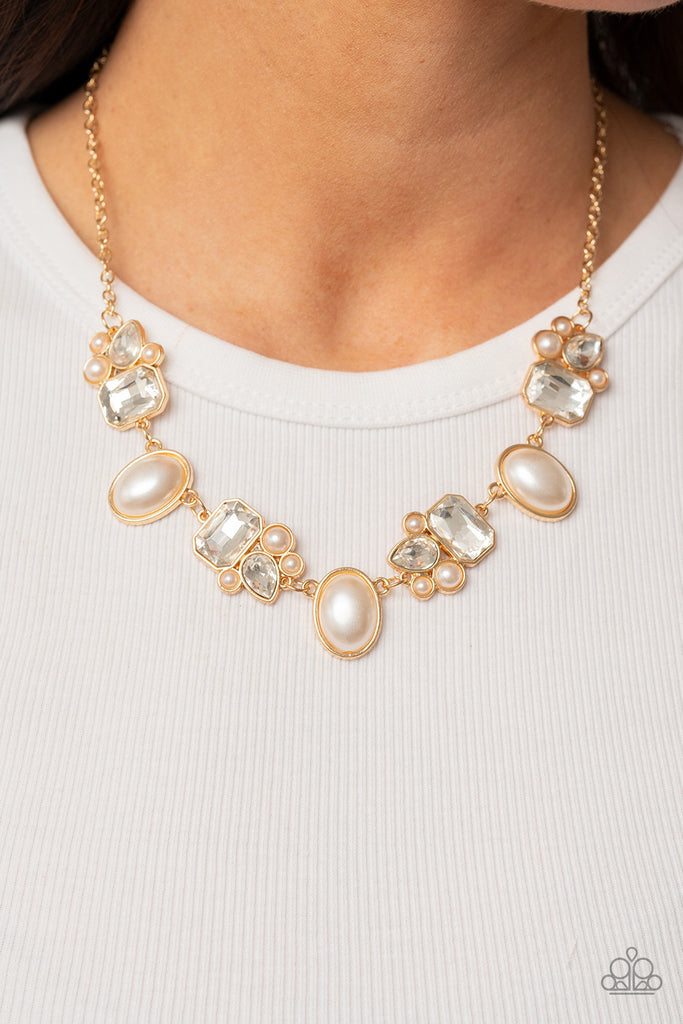 Sensational Showstopper - Gold Paparazzi Emerald Cut Bubbly Pearl Bead Necklace