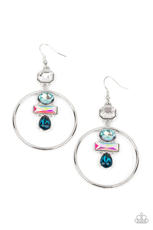 Geometric Glam - Blue Paparazzi Iridescent Geometric Silver Hoop Earrings