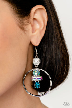 Geometric Glam - Blue Paparazzi Iridescent Geometric Silver Hoop Earrings