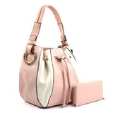 Large Drawstring Handbag Pink & Cream w/Wallet (Pink)