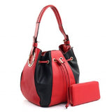 Large Drawstring Handbag Red & Black w/Wallet (Red)