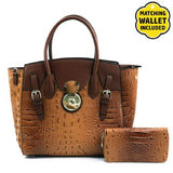 American Bee ~  Coffee Croc Leather Handbag w/ Coffee Wallet