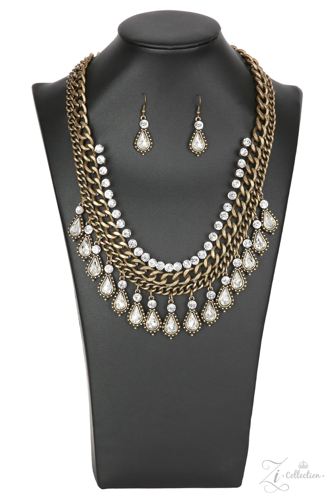 PAPARAZZI "REVOLUTION" BRASS CHAIN WHITE TEARDROP RHINESTONE 2018 ZI COLLECTION NECKLACE & EARRING SET