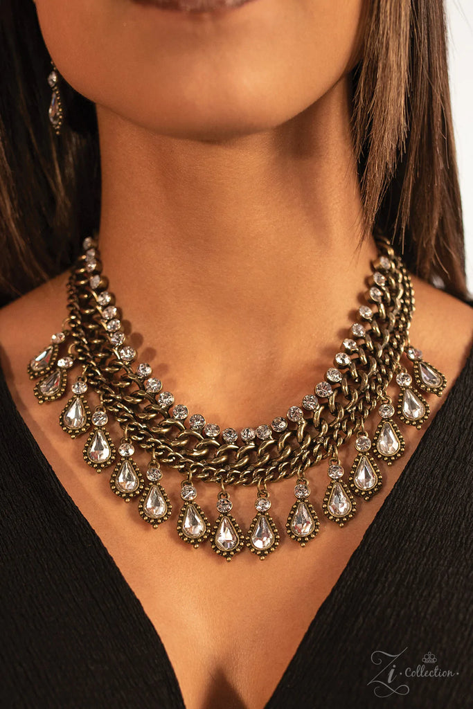 PAPARAZZI "REVOLUTION" BRASS CHAIN WHITE TEARDROP RHINESTONE 2018 ZI COLLECTION NECKLACE & EARRING SET