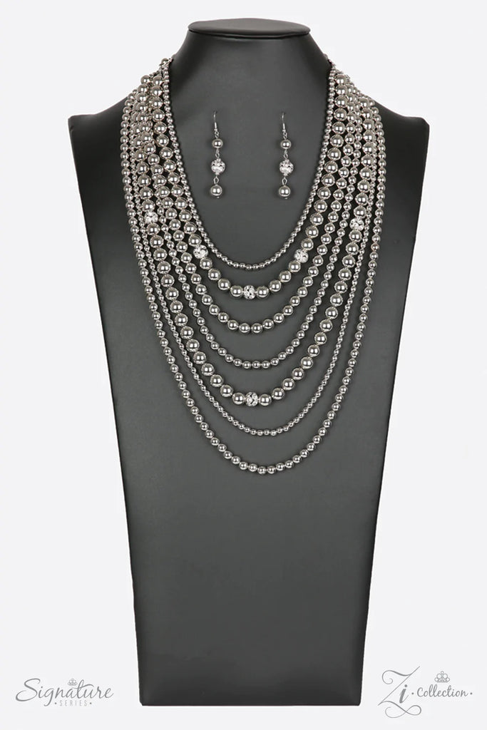 PAPARAZZI VINTAGE VAULT "THE TINA" SILVER 2018 ZI COLLECTION WHITE NECKLACE & EARRING SET